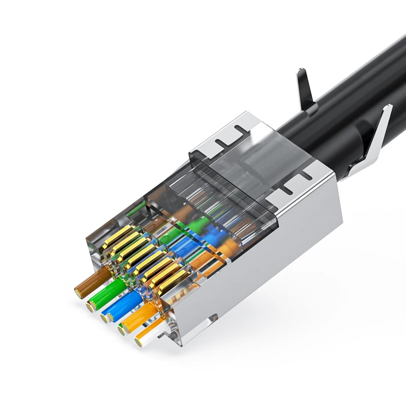 موصلات OMAY CAT6 CAT7 CAT5E RJ45 تمر عبر شبكة التوصيل المعياري UTP 3/50μ مطلية بالذهب 8P8C نهاية تجعيد لكابل إيثرنت