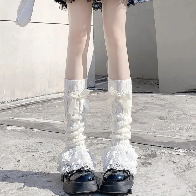 Lolita Loose Socks Sweet White Women Boot Socks Maid Lace Girl Leg Warmer Sleeve Fashion Bowknot Stocking