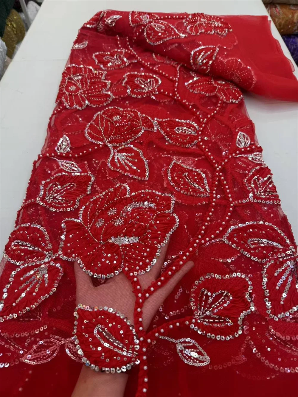 

African Lace Fabric 2025 High Quality 5 Yards Red Sequin Lace Fabric luxury Embroidered Lace Fabrics Beaded Lace Dresses A1178-1