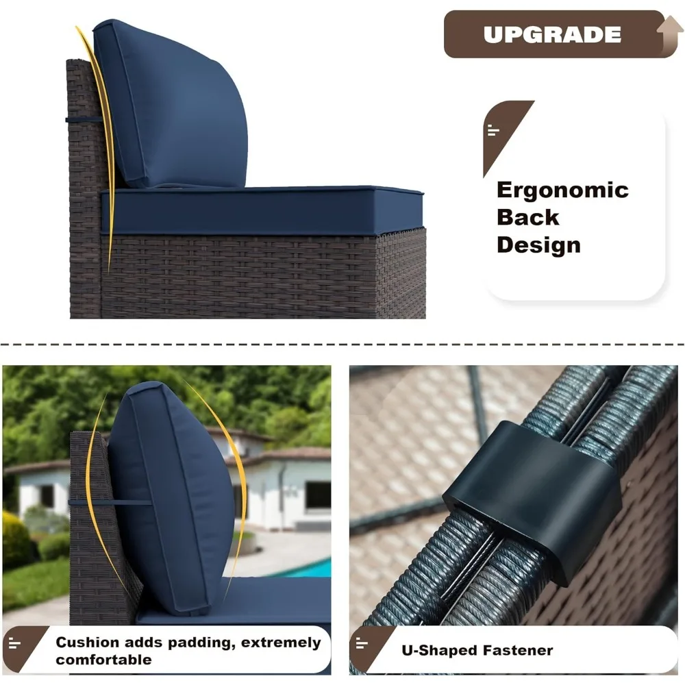 6 Pieces Patio Furniture Set, Rattan Outdoor Conversation Sets W/4 Inch Cushion And Glass Coffee Table(navy Blue)