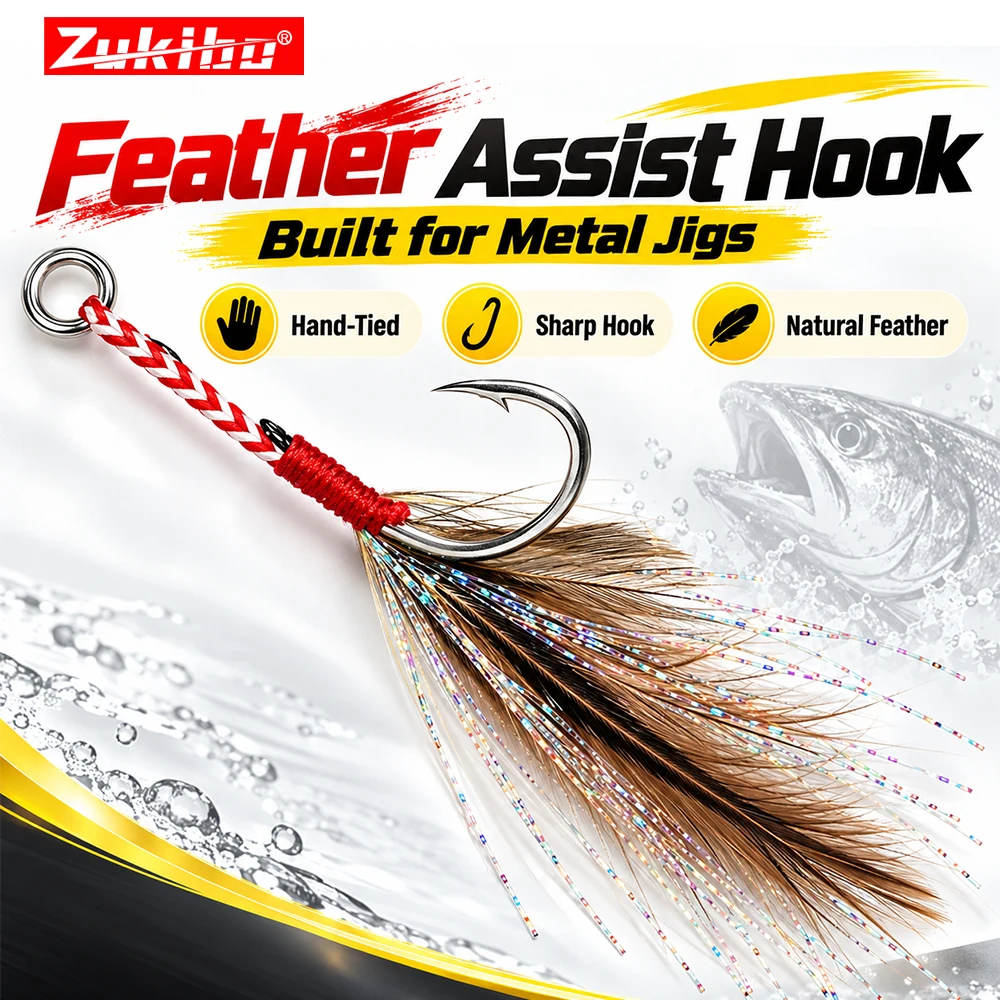 ZUKIBO 10PCS Fishing Assist Hooks Feather Hooks Single Jig Hooks for Metal Jigs Spoon Lures Saltwater Freshwater Fishing