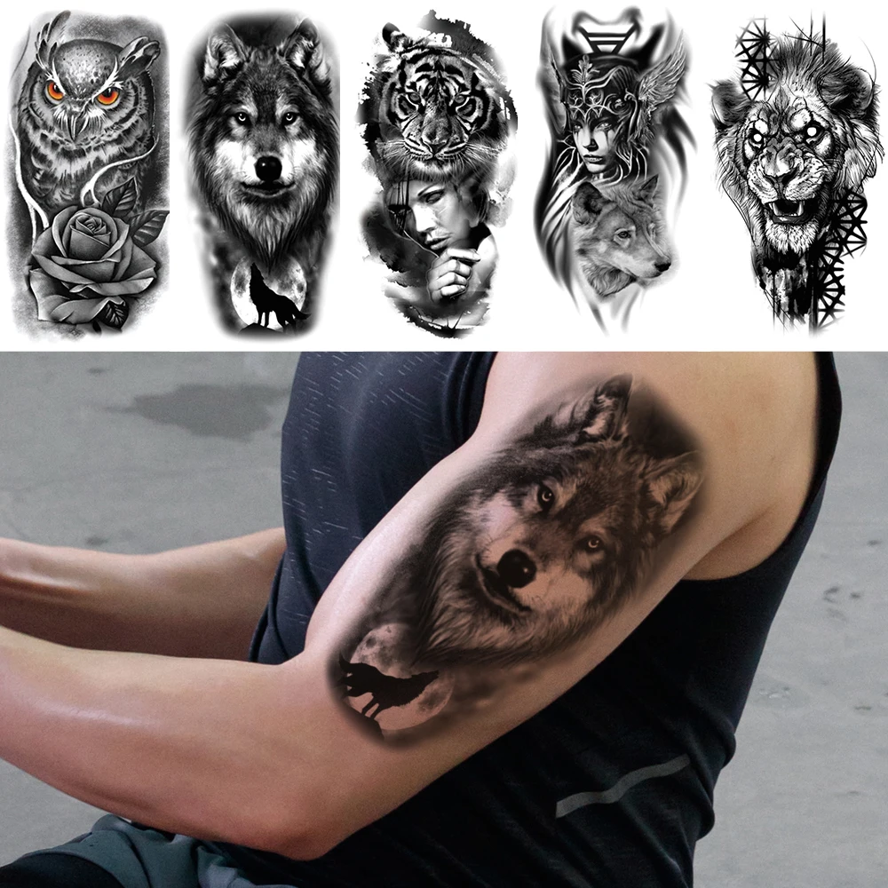 5pcs/Set,Waterproof Temporary Fake Tattoo Stickers Decals,Animan Tiger Lion Wolf OWL Beast,Body Art for Sexy Cool Man Women Arm