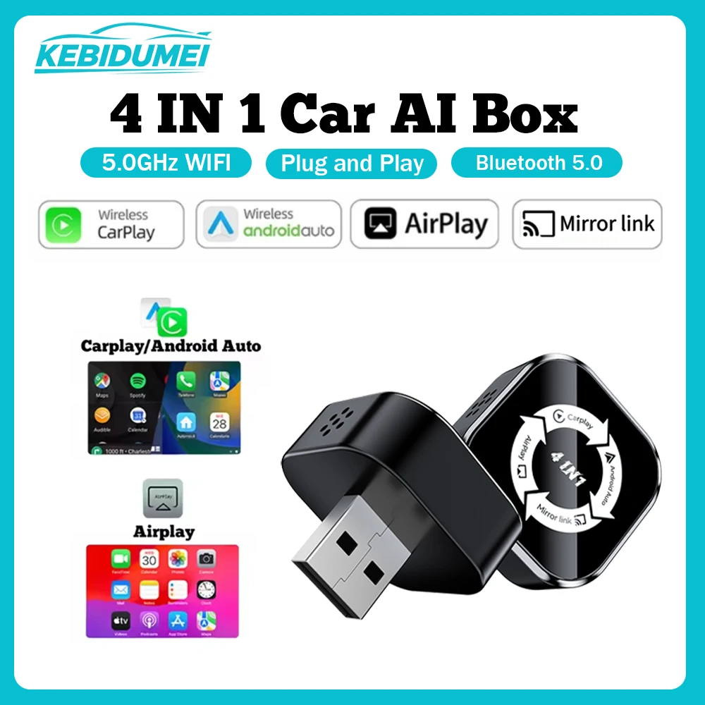 

KEBIDUMEI Q1A 4-в-1 Автомобильный AI Box Проводной к беспроводному Wi-Fi Carplay Plug & Play Android Авто адаптер Airplay MirrorLink Smart Dongle