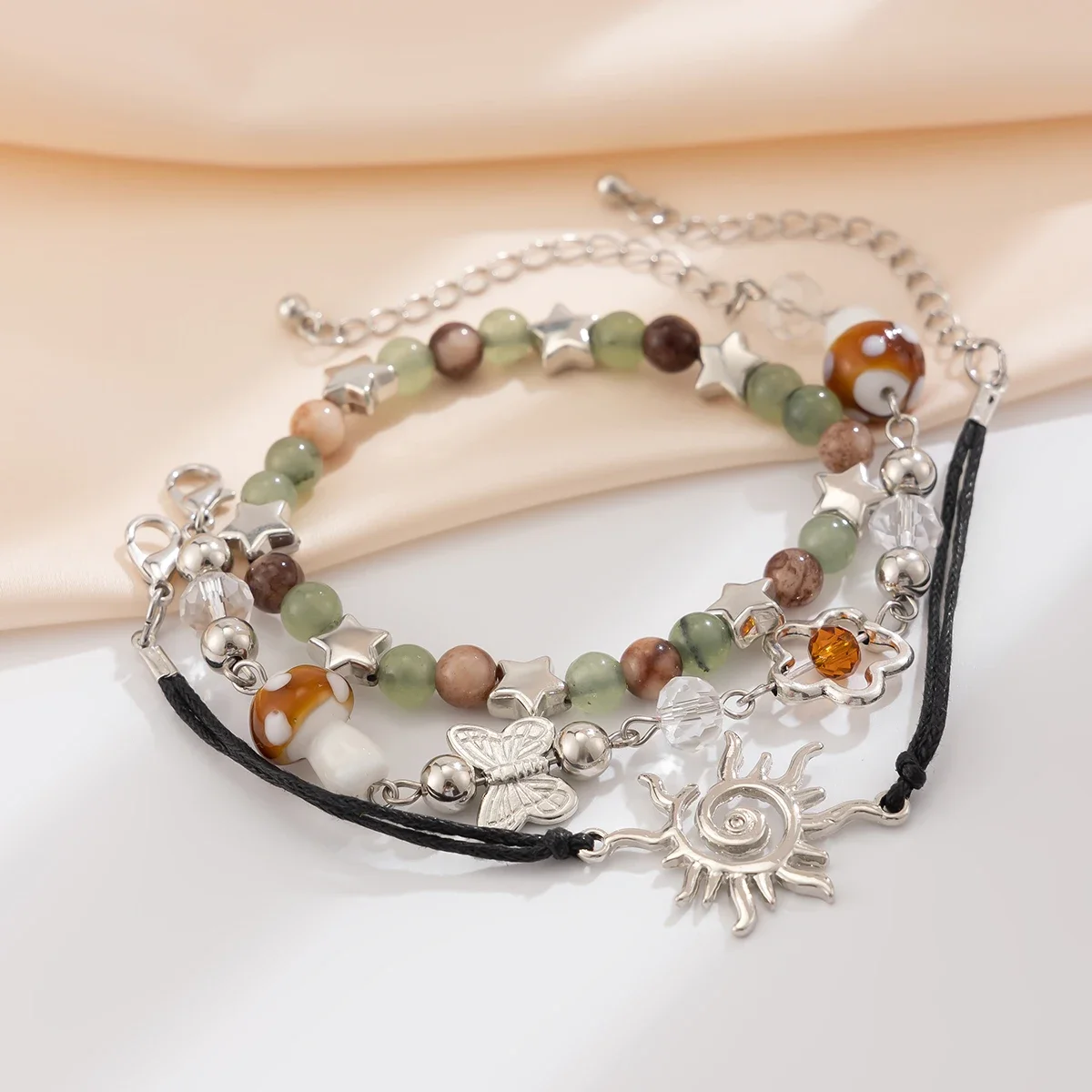 New 3Pcs Kpop Mushroom Butterfly Chain Bracelets Set for Women Summer Wed Bridal Boho Flower Bead Charm Bangles Y2K Jewelry view 6