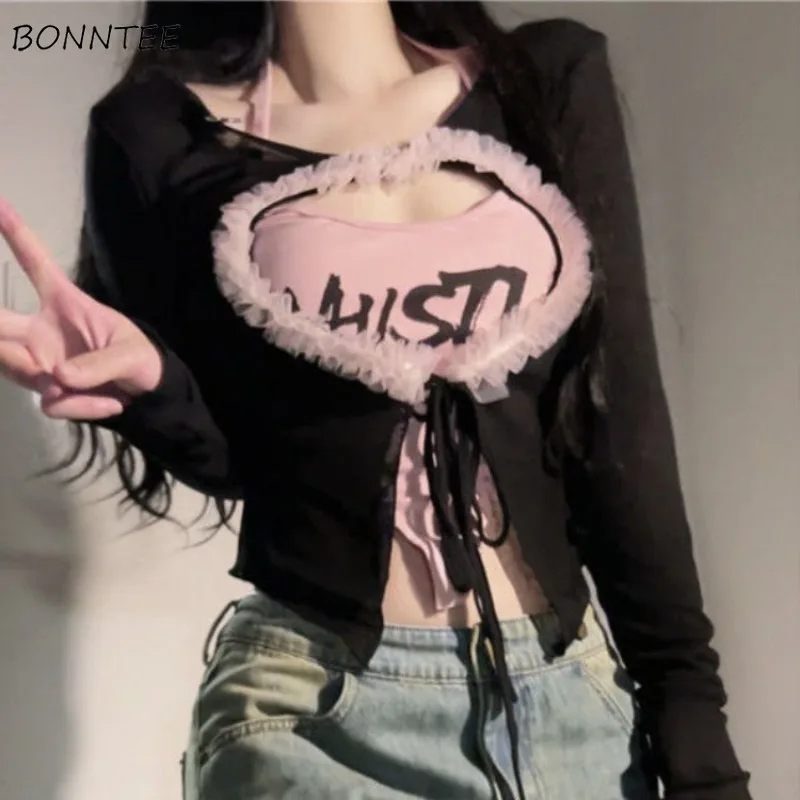 T-shirt Sets Women Long Sleeve Mesh Hollow Out T-shirts Lace-up Halter Letter Camisole Irregular Sexy Slim Crop Tops Outfits Y2k