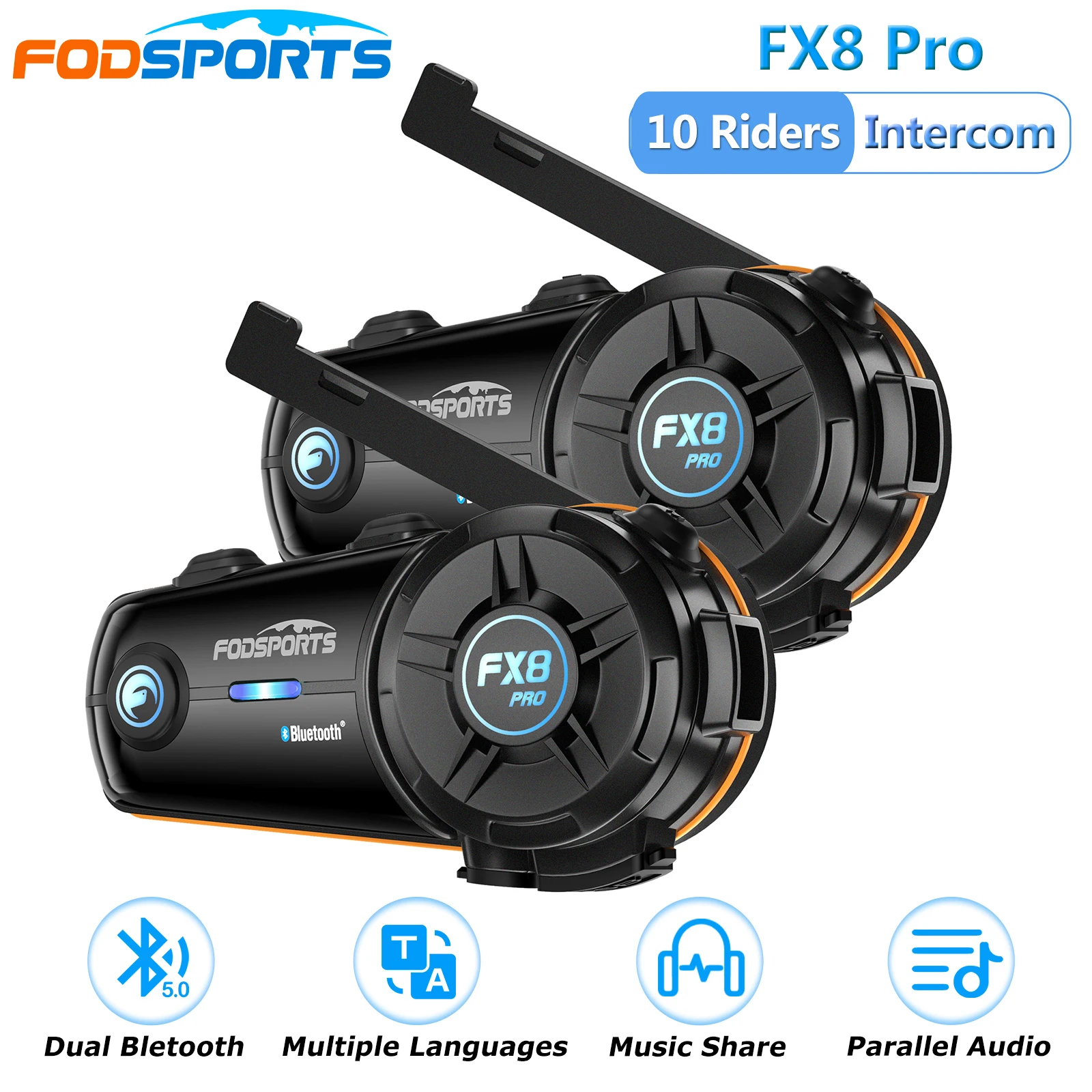 Fodsports FX8 Pro Intercom Motorcycle Helmet Headsets 8 Riders Dual Bluetooth Intercomunicador Moto Music Share Interphone