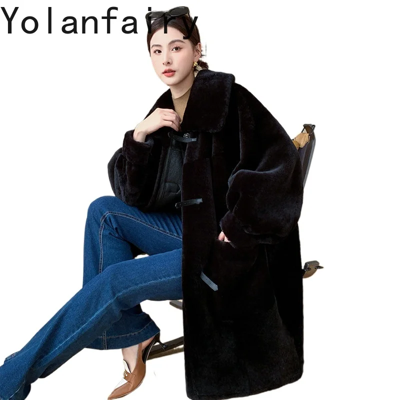 

YOLANFAIRY 2026 Winter Women Mid-Length Genuine Merino Sheepskin Coat Natural Real Fur Coats Woman Thick Warm Shearling Jacket