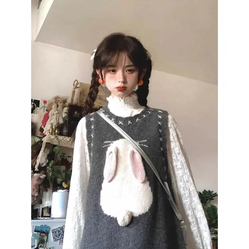 Sweet Overlap Knitted Dress Women's Early Autumn New Design Sensation 3D Little Rabbit Grey Knitted Vest Dress Commute Style