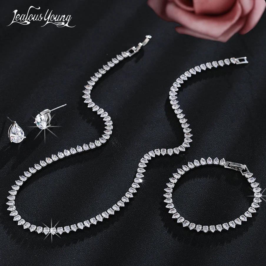 Gorgeous Zirconia White Gold Color Round Wedding Bridal Necklace Earrings Water  Drop Shape Party Jewelry Set for Brides