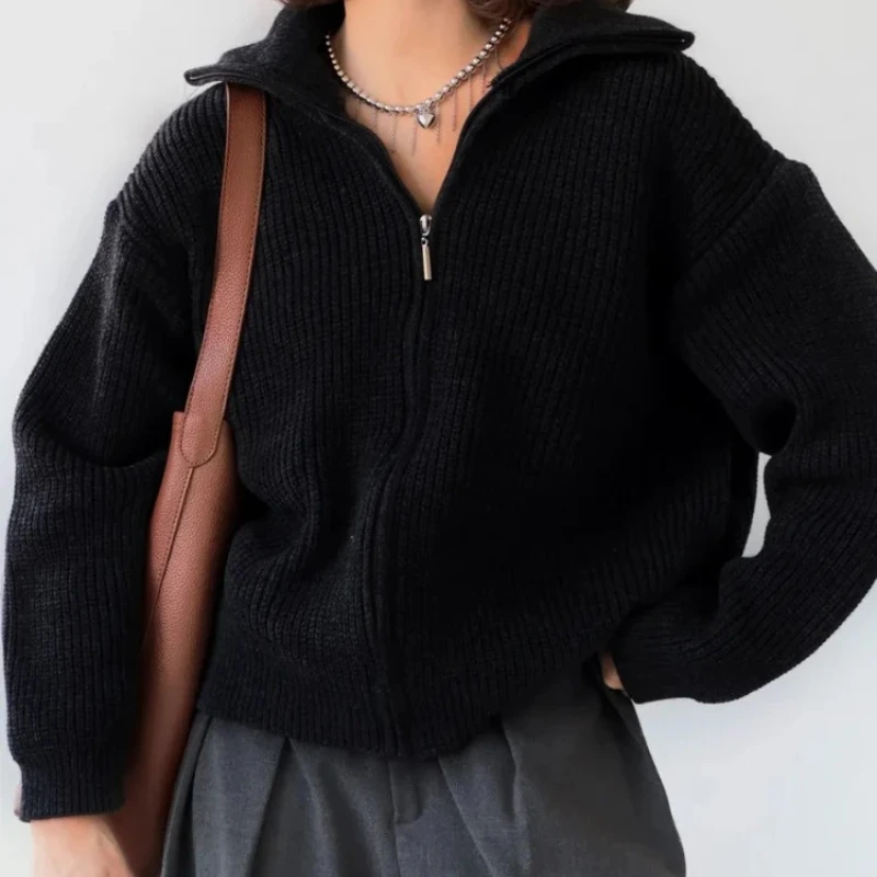 

Oversized Knitted Sweater Women Loose Lapel Casual Pullover Zippers Korean Fashion Autumn 2025 Jumper Knitwear