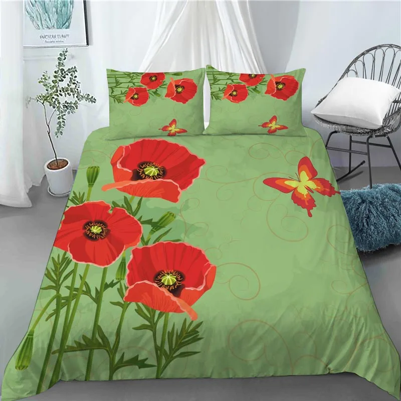 

3D Red Poppy Duvet Cover King Queen Size Beautiful Flower Polyester Quilt Cover with Pillowcases Kids Adults Home Bedroom Decor
