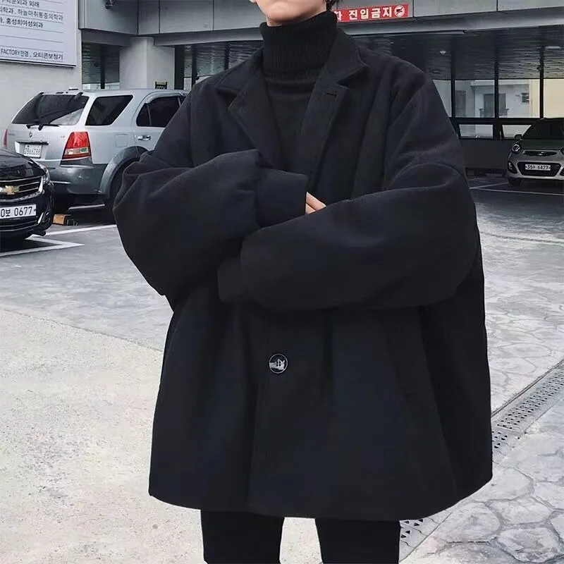 

Harajuku Jacket Men Plus Size Black Woolen Coat Loose Oversized Winter Clothes Korean Streetwear Fashion Thick Blends Jackets