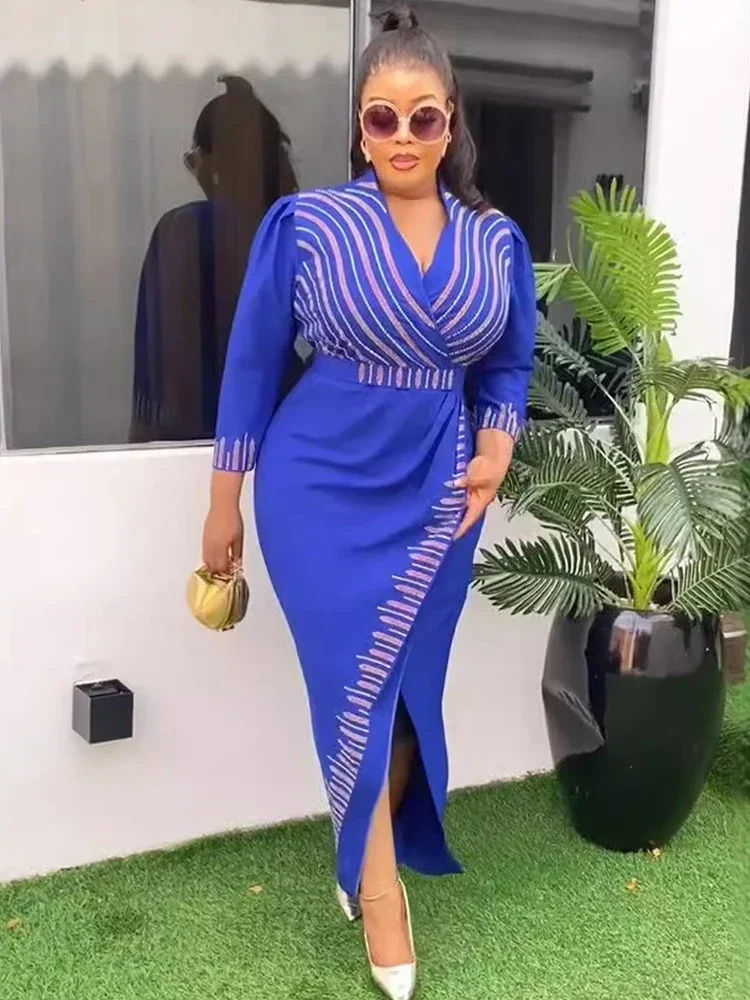 

Elegant Women Wedding Party Dresses V-neck Bodycon Maxi Robe African Dashiki Crystal Outfits Office Ladies Overalls 2024 Dress