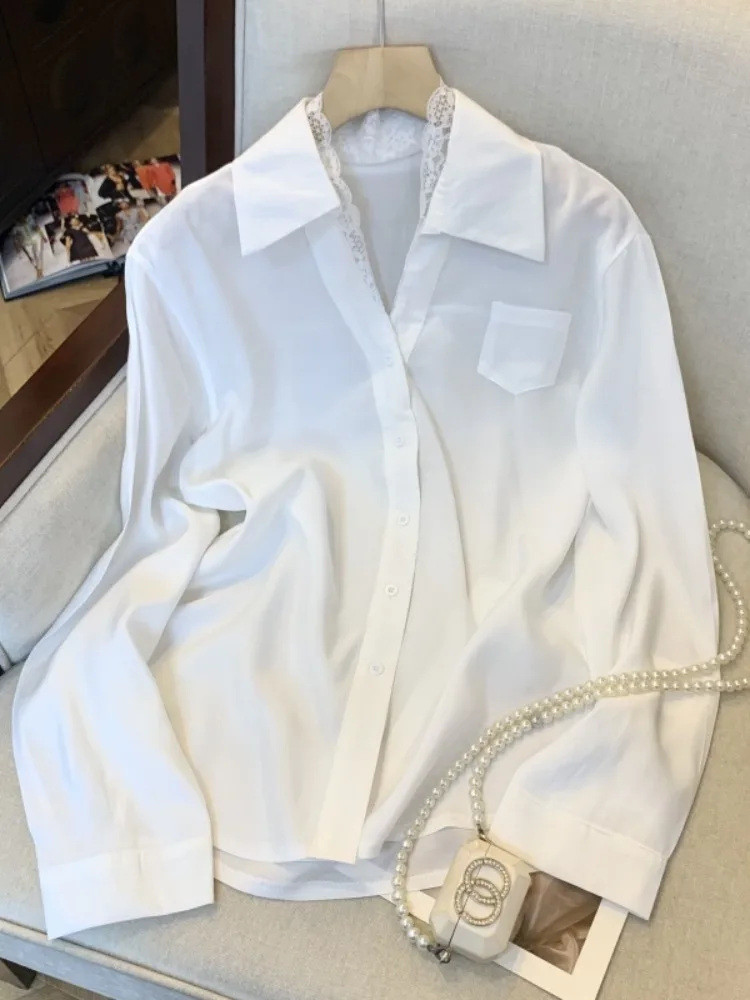 

White Lace Splice Long Sve Collar irt Women's Spring New Sle Korean Ele Super Beautiful Top Cotton 00% Sweet...