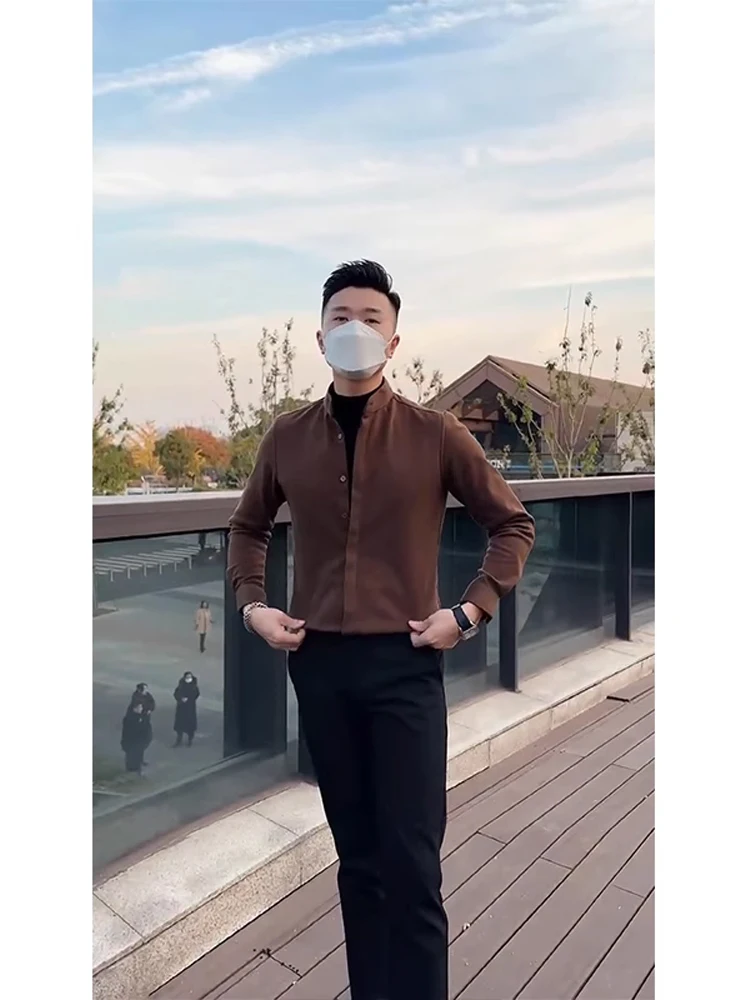 

Утепленная вязаная мужская рубашка с воротником-стойкой в китайском стиле, однотонная, теплая, модная, молодежная, зимняя, приталенного кроя