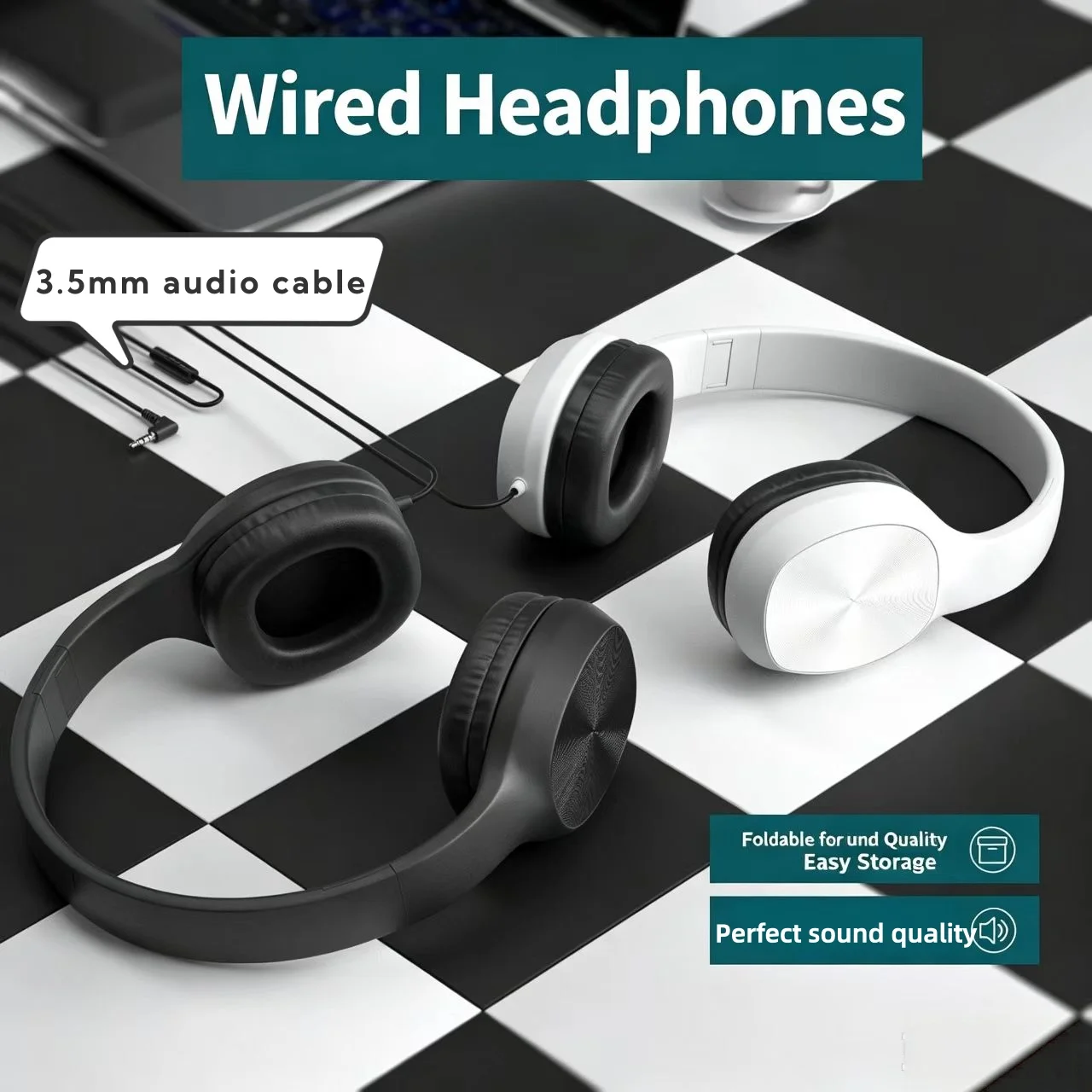 Foldable 3.5mm Wired Over Ear Headset, Black & White 2 Colors, Easy Storage Stereo Headphones