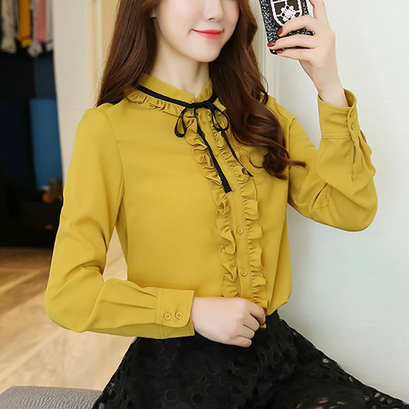 New Women Korean Fashion Ruffle Lace Up Elegant Button Shirt Casual Stand Collar Slim Blouse Solid Long Sleeve Tops Sweet Blusas