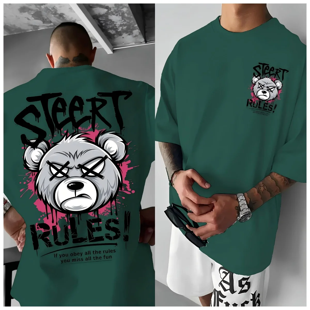Summer Men's New Angry Bear Letter Printed Comfortable and Breathable Round Neck T-shirt Outdoor Street Versatile Top
