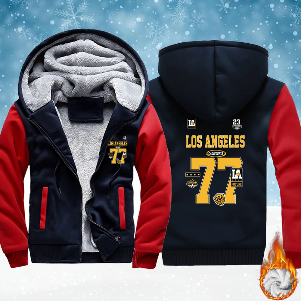 

Лос-Анджелес номер 77, мужская флисовая базовая куртка с принтом Джерси, зимняя теплая утепленная толстовка на молнии, удобная мягкая повседневная уличная одежда
