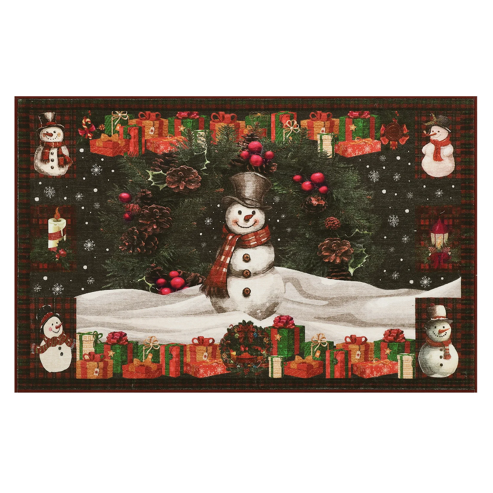 Christmas Snowman Area Rug - Non-Slip Low Pile Thin Accent Carpet Mat for Holiday Home Decor - Red & Green - 2x3 ft (61x91 cm)