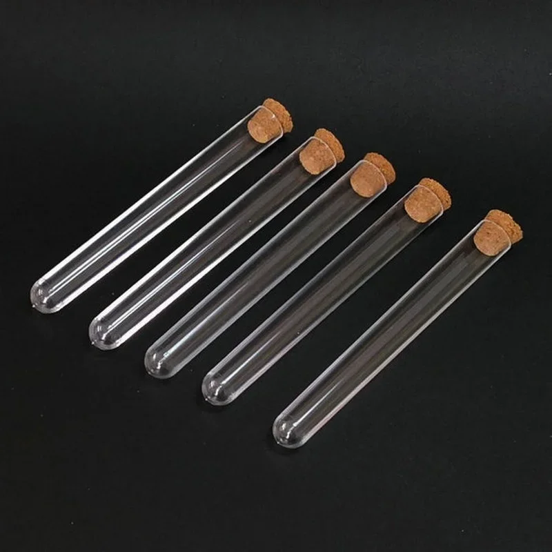100pcs /lot 12x100mm Lab Clear Plastic Test Round Tube Bottom Tube Vial with Cork