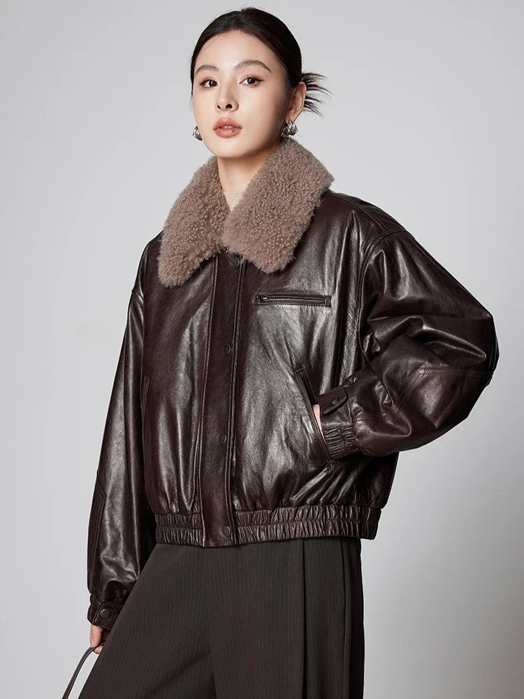 

Natural Cashmere Collar Genuine Leather Jackets for Women 2026 New High-end Simple Short Winter Real Sheepskin Quilted Coat