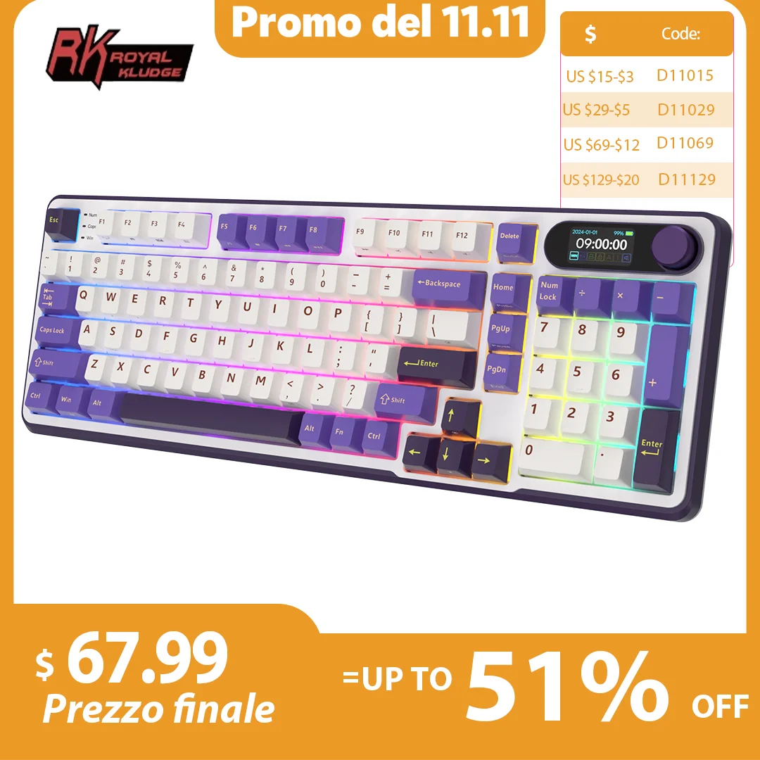 

RK S98 ROYAL KLUDGE Wireless Gamer Keyboard BT5.0/2.4G/USB-C 98keys RGB Hot Swappable Mechanical Keyboard With TFT Screen On Top