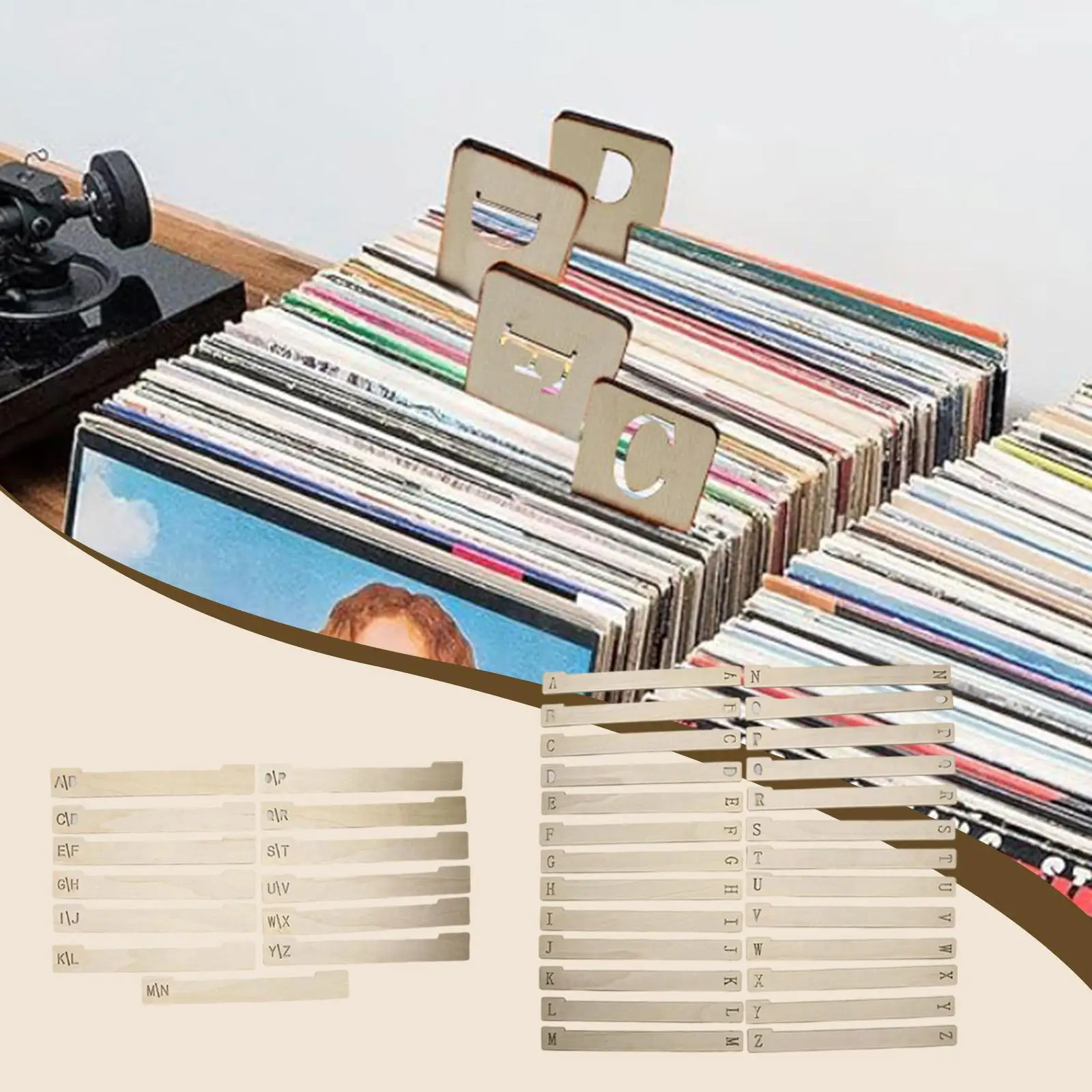 Alphabetical Wood Shelf Dividers Vinyl Record Separator for Books Dvds and Music Collection Storage