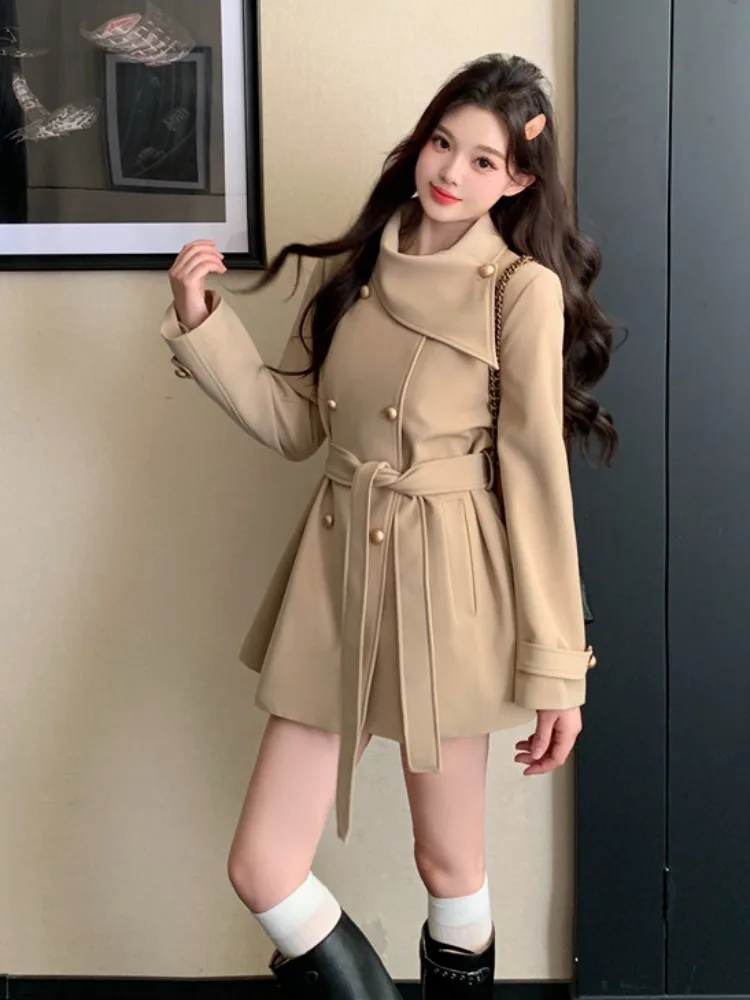 

plus Size Fashionable Korean Style Windbreaker Coat Women's Design Scarf Slimming Outerwear Spring 2026 Mid-Length Double-Bre...