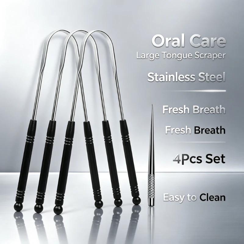 4pcs large stainless steel tongue scraper set,removes tongue coating, reduces bad breath,practical household oral care tool