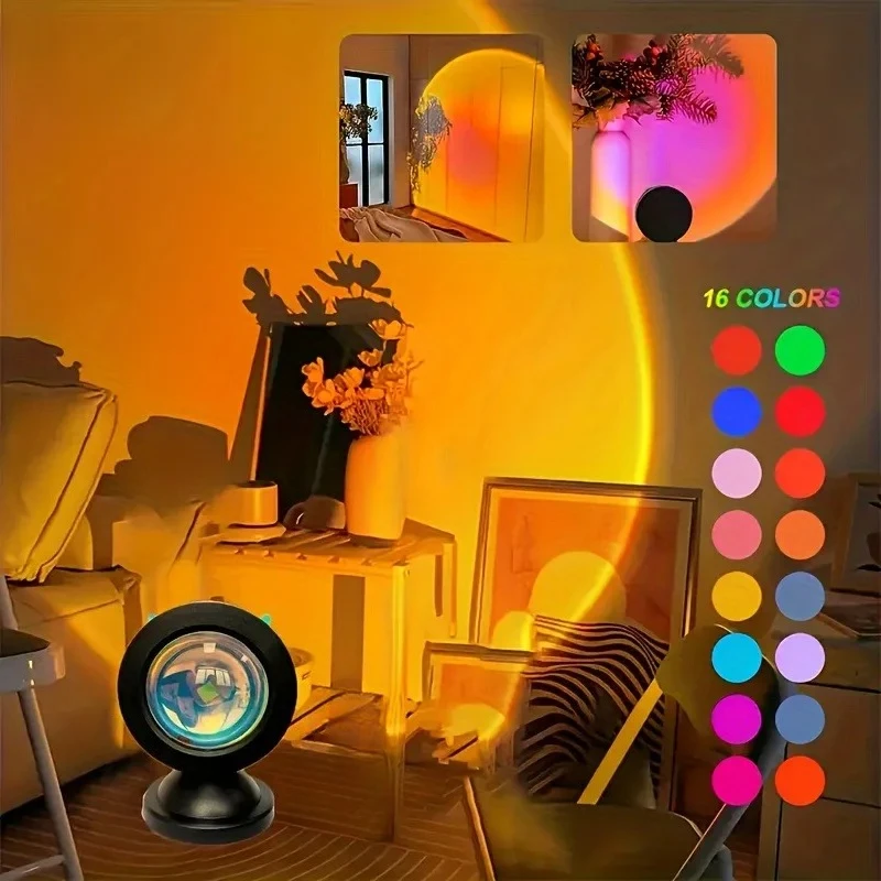 1pc Vibrant Sunset Projection Light - 16-Color Spectrum, USB Remote Control, Dynamic Color Changing LED Light - Creates Warm Hom