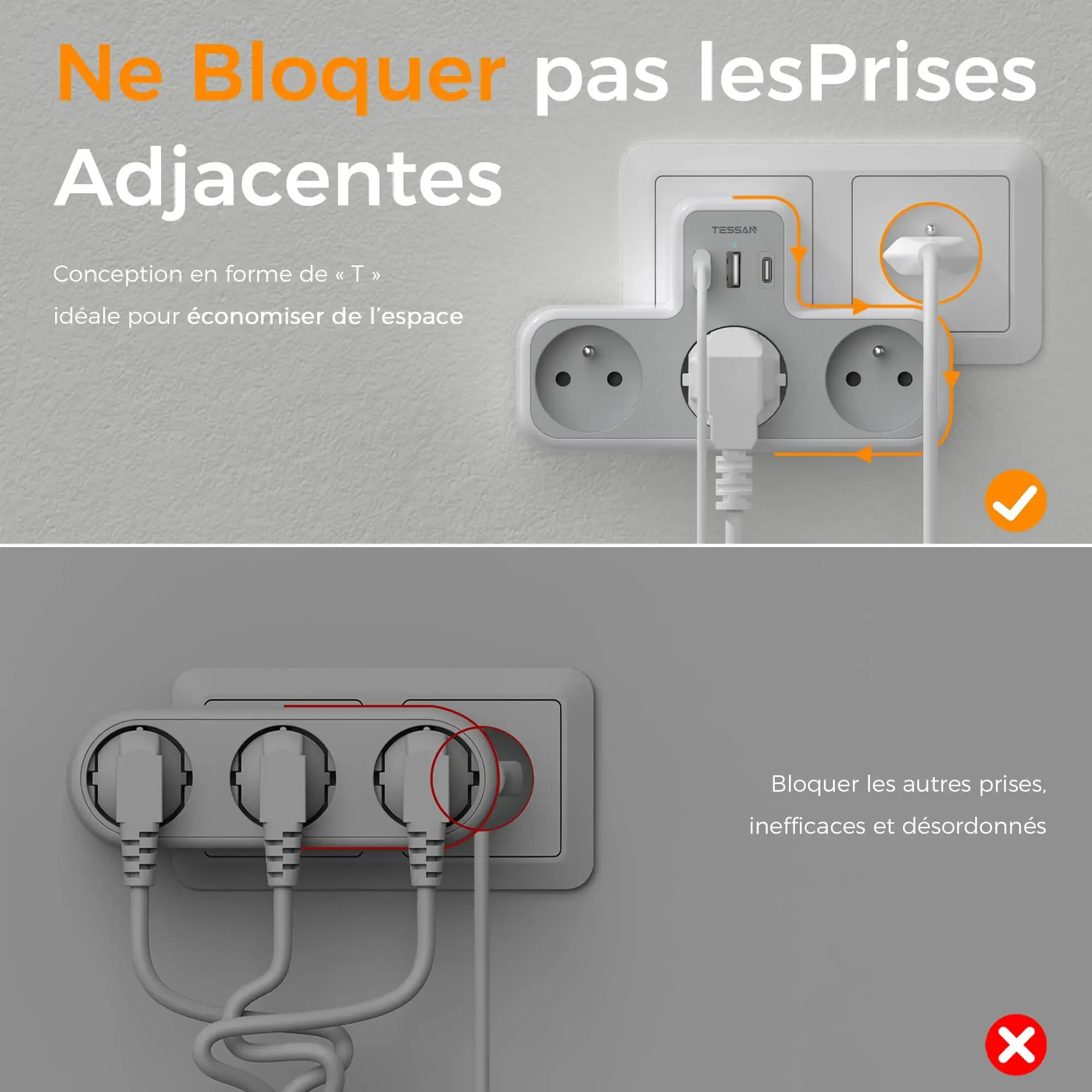 TESSAN-regleta de alimentación FR a EU con 3 USB (1 USB C) y 3 tomas francesas, adaptador de corriente múltiple con protección contra sobrecarga