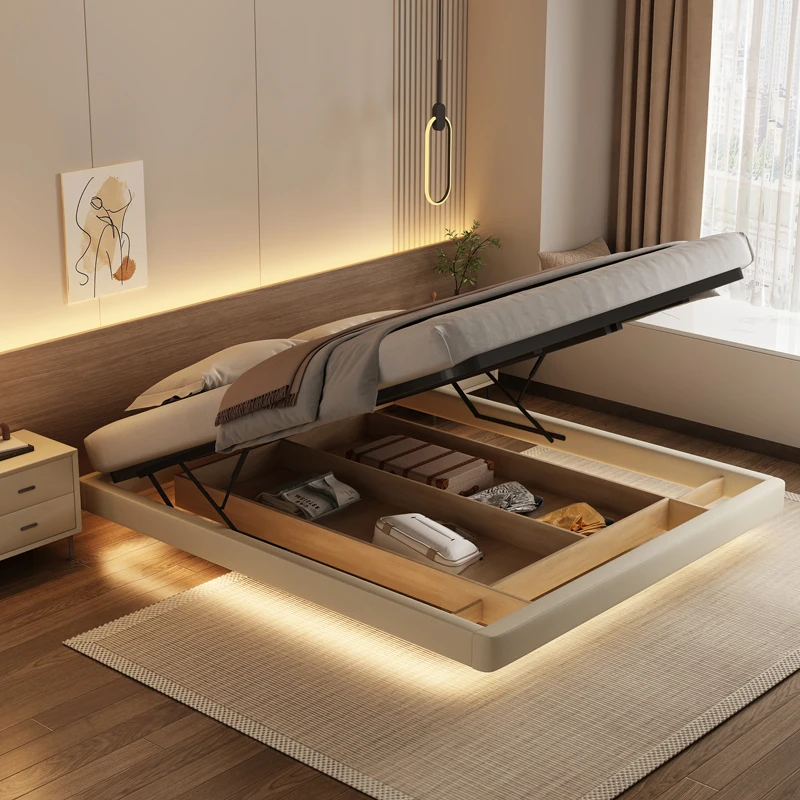 

Unique Beige Design Double Bed Lights Minimalist Modern Storage Double Bed Frame King Size Wooden Cama Matrimonial Furniture