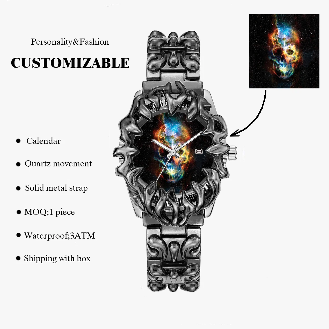 

Cool Alien Personalized Alabast style Quartz Watch with Calendar Gift souvenirCustomizable Dial 30m Water Resistant Metal Strap