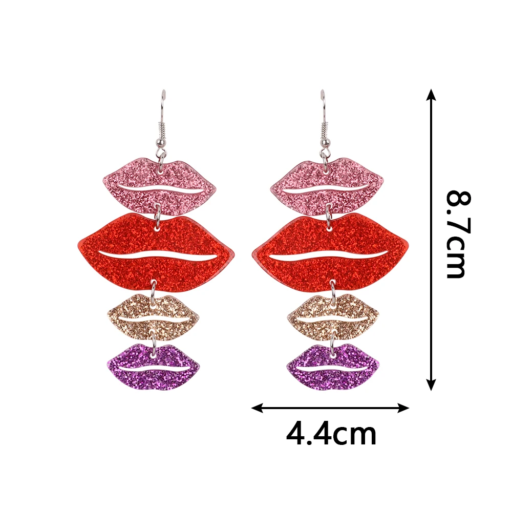 Trendy Multilayer Red Lips Acrylic Drop Earrings For Women Colorful Geometric Glitter Long Dangle Earrings Fashion Jewelry Gifts