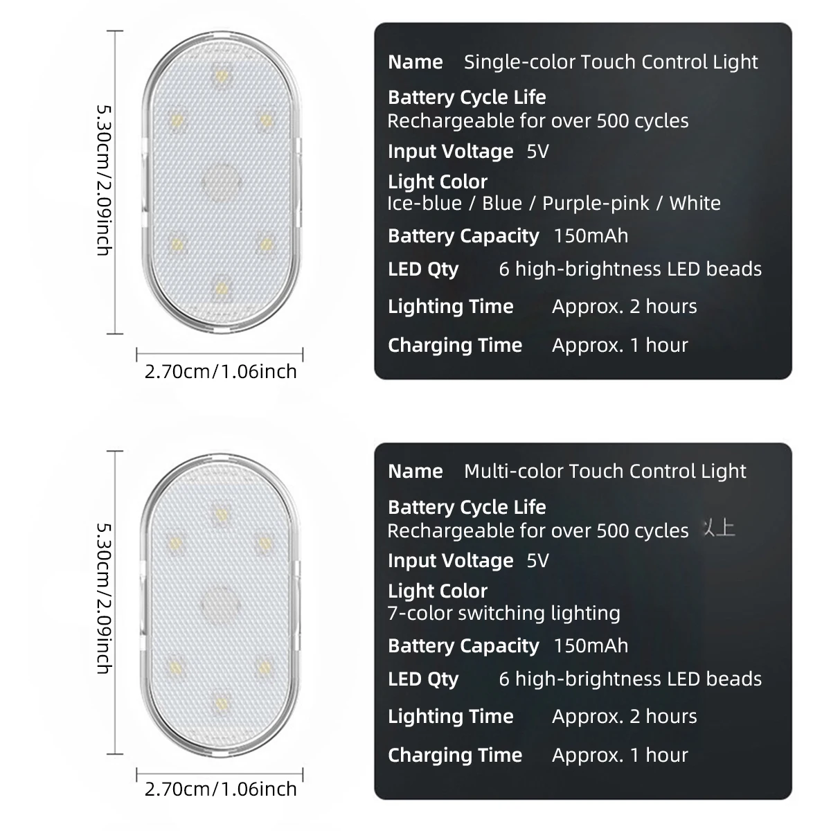 2Pcs Car 5V 6LED Touch Sensor Reading Lamp USB Rechargeable Colorful Car Interior Decorative Lights Car Ceiling Lamp Universal