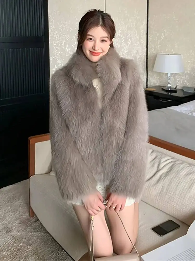 Fashion Black Faux Fur Coat Women's Stand Collar Long Sleeves Plush Thick Short Jacket Winter New 7VGT1