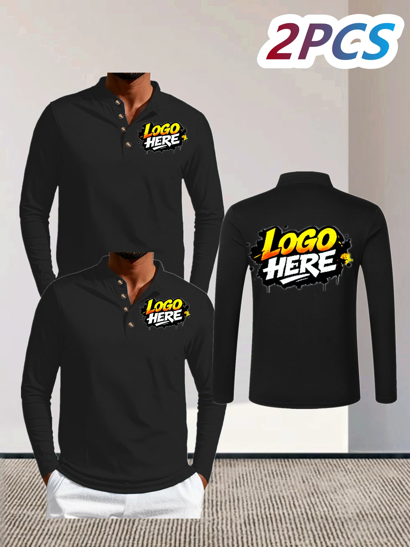 2-piece Men Women Long Sleeve Polo Custom Company Logo Business Lapel Shirt Print Team Design Casual Solid Color Top