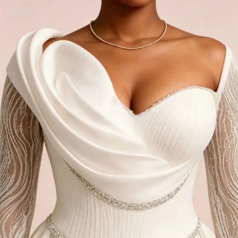 Customized Off the Shoulder Shinny Lace  Beads Wedding Dress with Removable Skirt  Vestido De Noiva  Long Sleeves  Bridal Gown