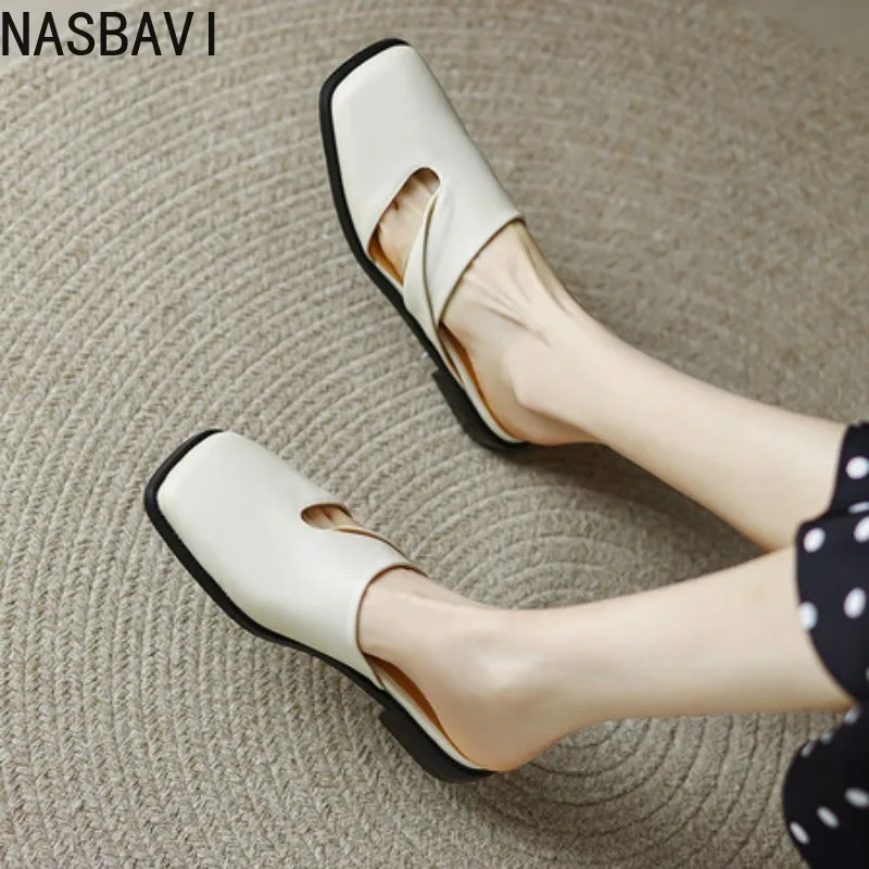 

NASBAVI 2026 Fashion Women's Simple Square Head Hollow Closed Toe Low Heel Comfortable Thick Heel Versatile Slippers