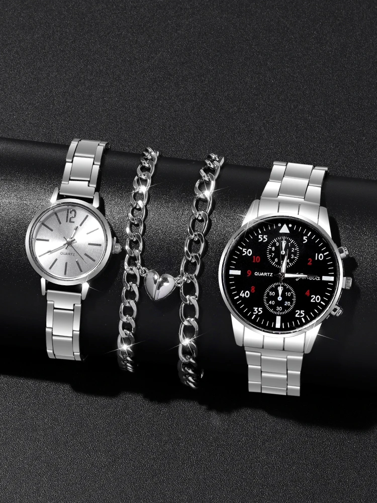 ساعة كوارتز كاجوال وعصرية للرجال مكونة من 4 قطع، ساعة كوارتز نسائية بسيطة مع مجموعة سوار مغناطيسي على شكل قلب