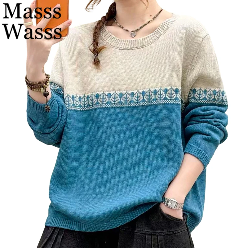 

Mass Wasss 2025, зимние винтажные джемперы, женские модные повседневные свободные свитера с круглым вырезом, женские элегантные теплые хлопковые пуловеры большого размера