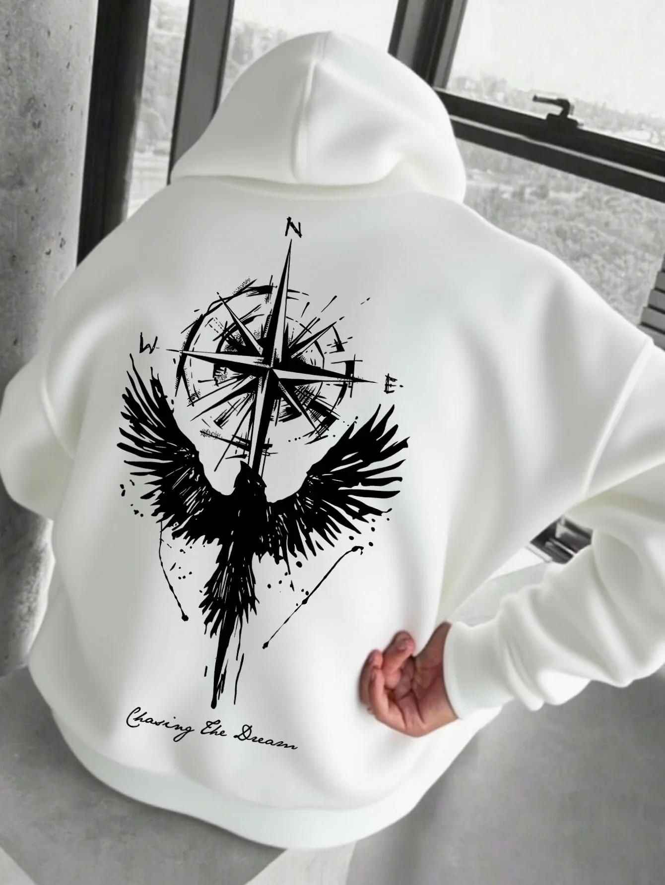 Streetwear Eagle Compass Art Hoodie Inspirational Cursive Slogan Back Print Kangaroo Pocket Loose Sweatshirt Unisex