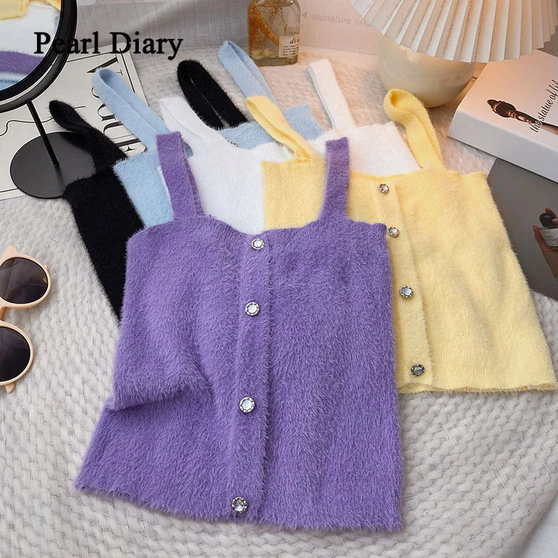 Pearl Diary Korean Fashion Fluffy Camisole Woman Sweet Style Off Shoulder Casual Camis Women Solid Color Diamond Button Top Fema