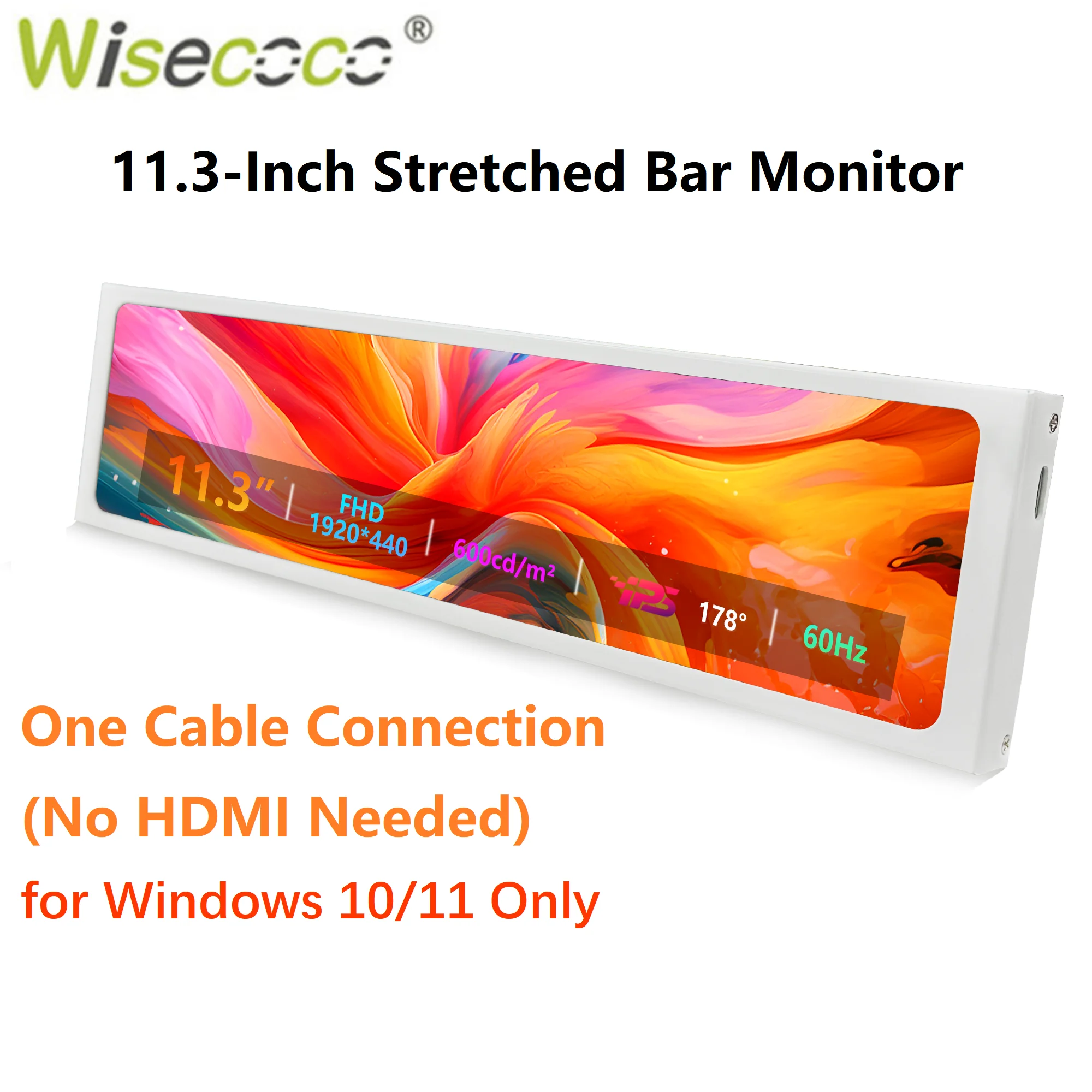 wisecoco 11.3Inch Mini Portable Monitor ips 1920x440 Stretched Bar Monitor USB Type-c for PC Computer Aida64/ Windows 10/11 Only