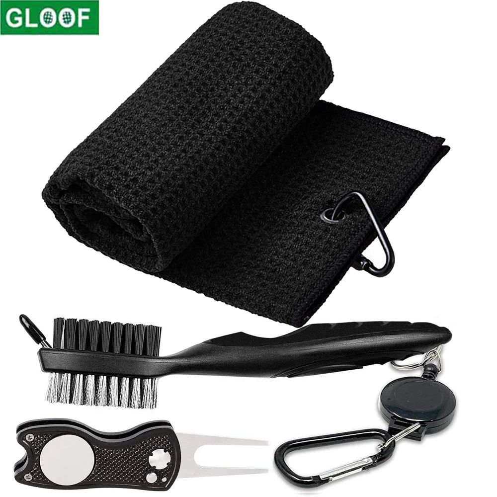 GLOOF Golf Towel Microfiber Waffle PatternClub Groove Cleaner Brush Foldable Divot Tool with Magnetic Golf Gifts Accessories Set