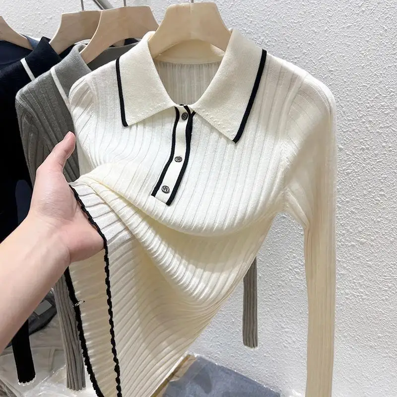 

POLO Collar Autumn Knitted Base Shirt for Women's Tops New Early Autumn Lapel Inner Sweater