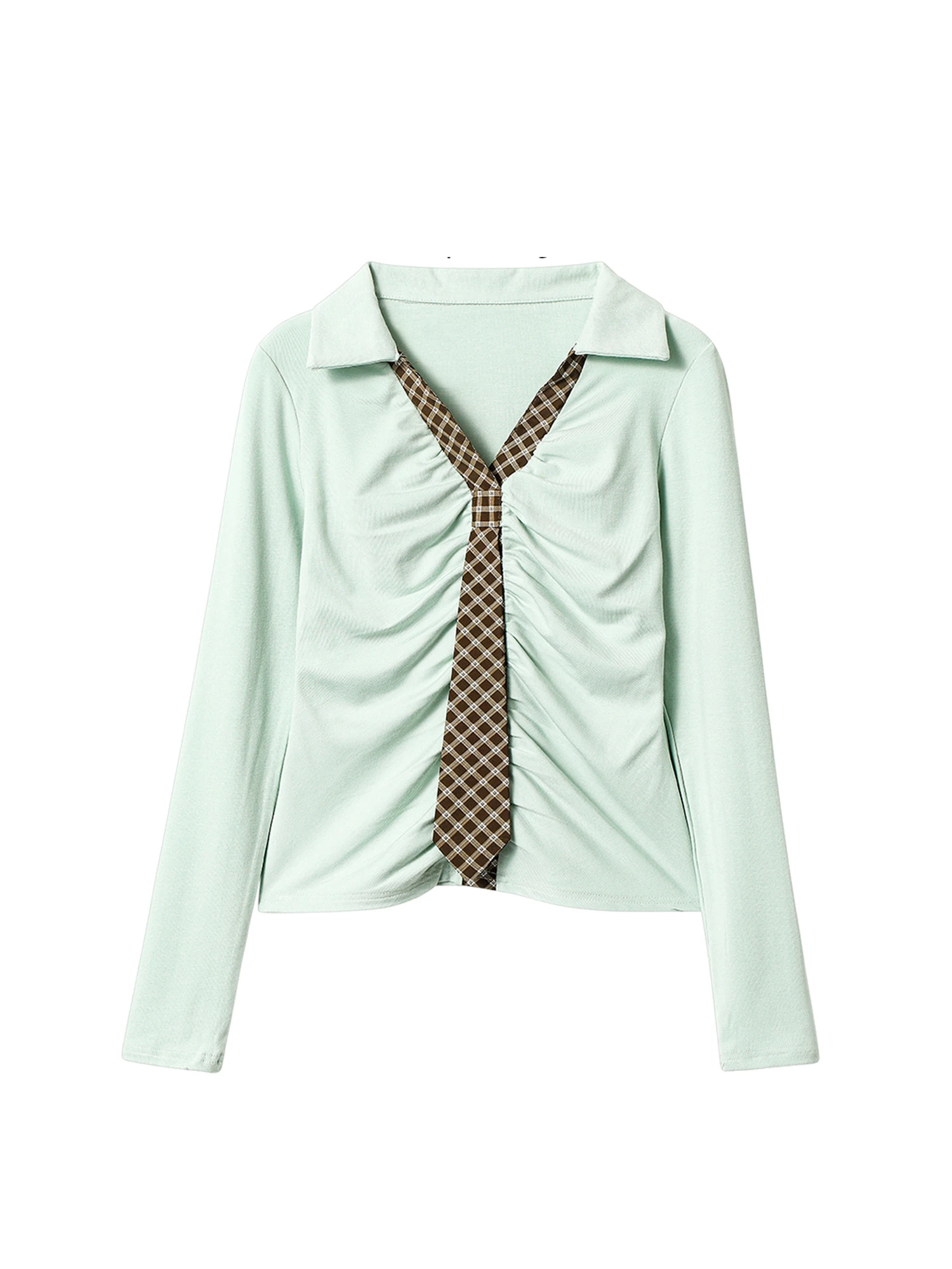 

Women Green V-Neck Plaid Patchwork T-shirt Y2k Gyaru Tee Top 2000s Vintage Aesthetic Long Sleeve T-shirts Clothes Spring Autumn