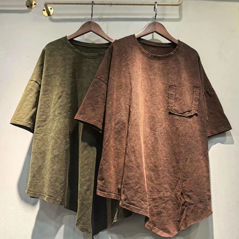 

New Summer Men's Washed Vintage T-Shirt Irregular Hem Patch Pocket Casual Distressed Short Sleeve Loose Retro Streetwear Tee Top