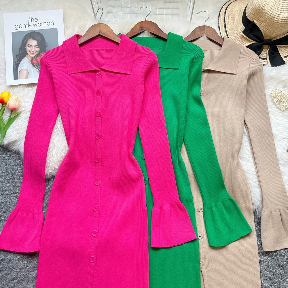 YuooMuoo Frauen Kleid 2025, Herbst Elegante einreiher Hemd Pullover Kleid Koreanische Mode Dame Sexy Paket Hüften Party Kleider